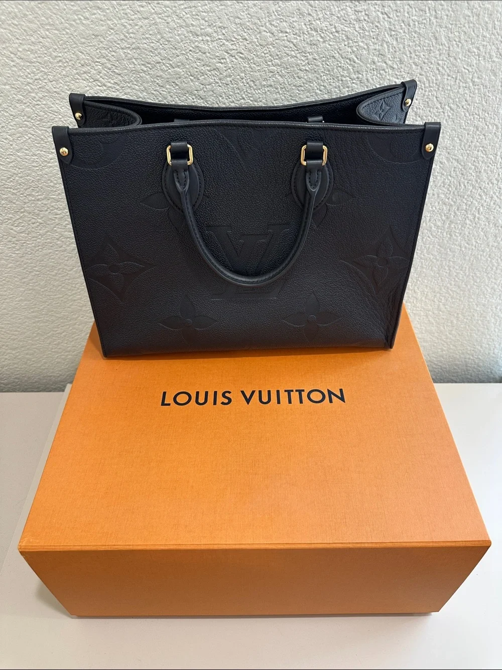 Louis Vuitton Navy Embossed Monogram Tote with Gold Tone Hardware